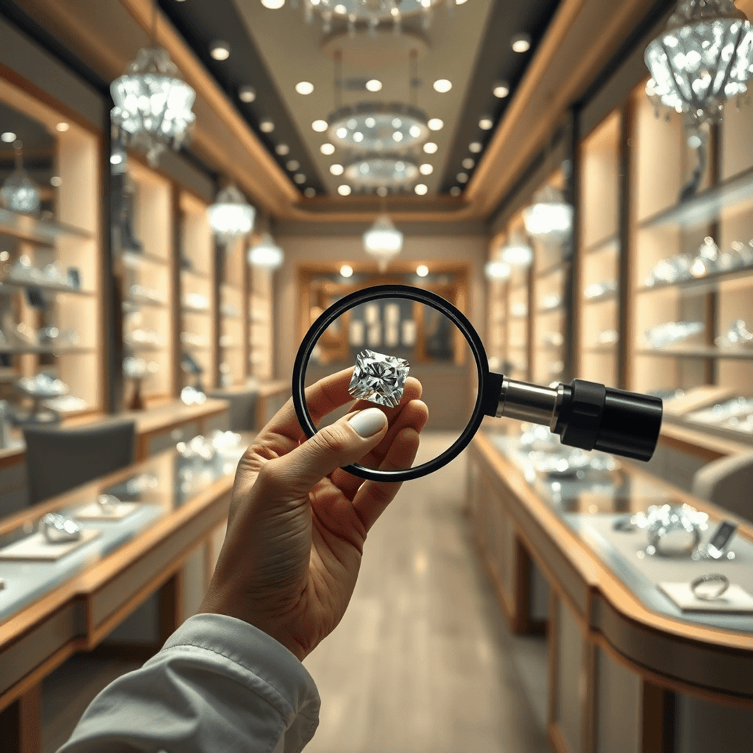 Jeweler examining a sparkling diamond with a magnifying glass in a bright, elegant jewelry store displaying rings and gemstones under soft lighting.