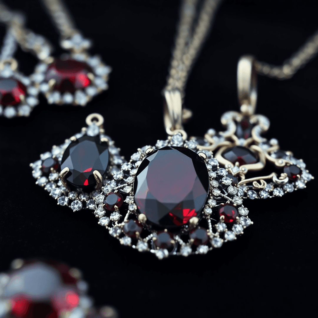 Close-up of elegant black diamond and deep red garnet jewelry on dark velvet, evoking mysterious and luxurious gothic glamour.