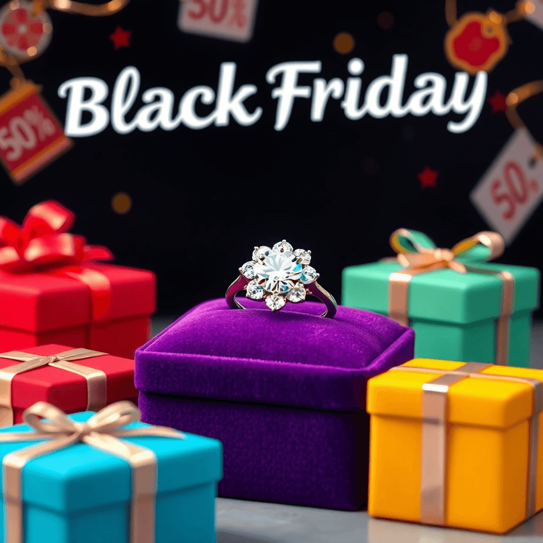 A sparkling diamond ring on a soft velvet cushion, surrounded by colorful jewelry boxes and festive decorations hinting at Black Friday sales.