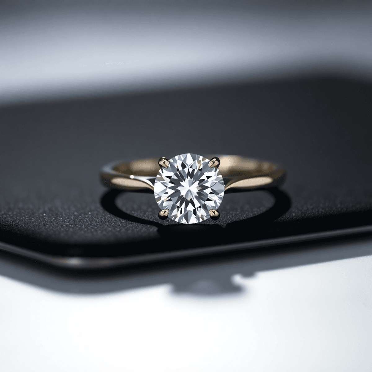 Close-up of a sparkling lab-grown diamond ring on a sleek black surface with soft lighting highlighting its brilliance and clarity.