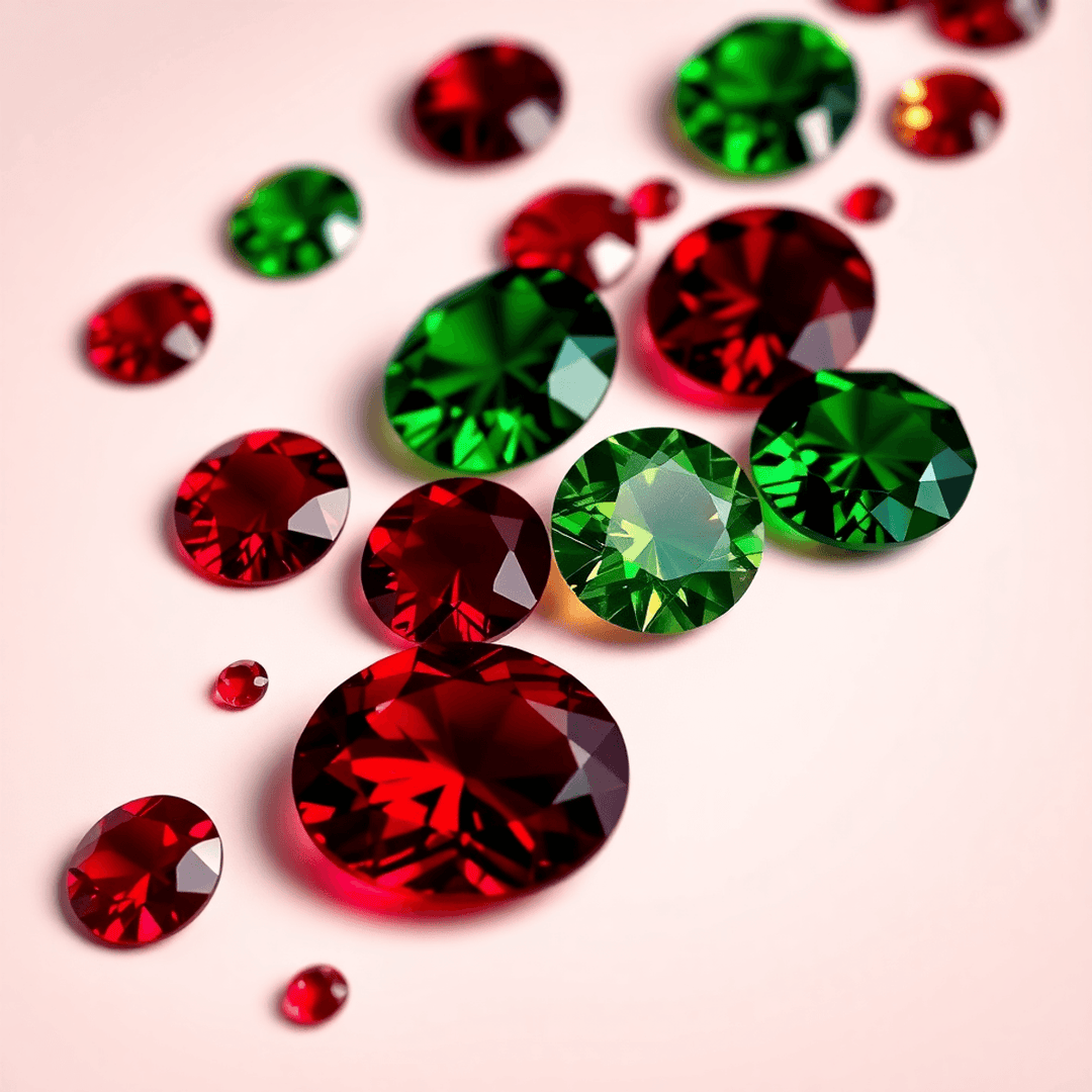 A collection of garnet gemstones in deep red, burgundy, and vivid green, artistically arranged against a soft background, sparkling and showcasing their beauty.