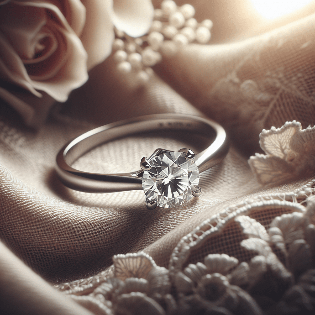 A beautifully crafted engagement ring with a sparkling diamond set in a classic metal band, resting on a soft, luxurious fabric background. Delicate flowers are