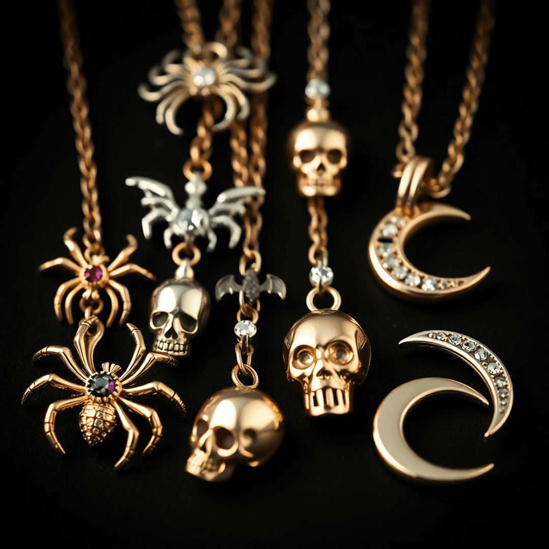 Close-up of elegant Halloween-themed gold and silver jewelry with spiders, bats, skulls, and crescent moons adorned with sparkling gemstones on a dark backgroun