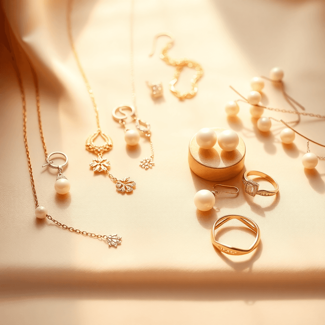 Elegant gold chains, pearl earrings, and geometric rings arranged on a soft background with natural light highlighting their sparkle and craftsmanship.