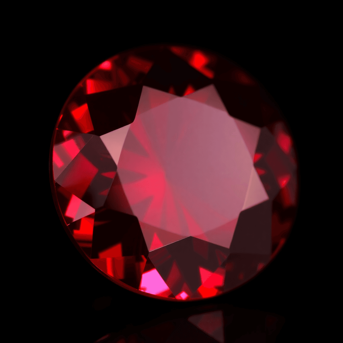 Close-up of a faceted deep red garnet gemstone sparkling under soft light against a dark elegant background.