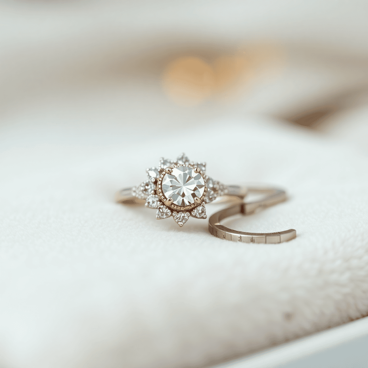 A close-up of an intricately designed ring with sparkling gemstones on a soft velvet surface, accompanied by a ring sizer, set against a softly blurred backgrou