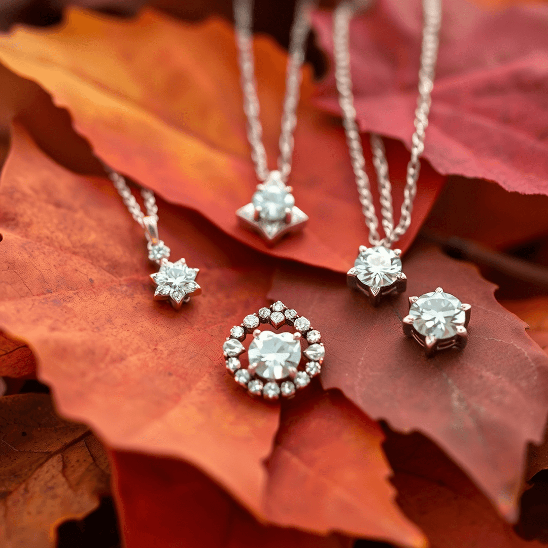 Close-up of elegant sustainable jewelry on autumn leaves with warm fall colors, showcasing eco-friendly fashion for Fall 2024.