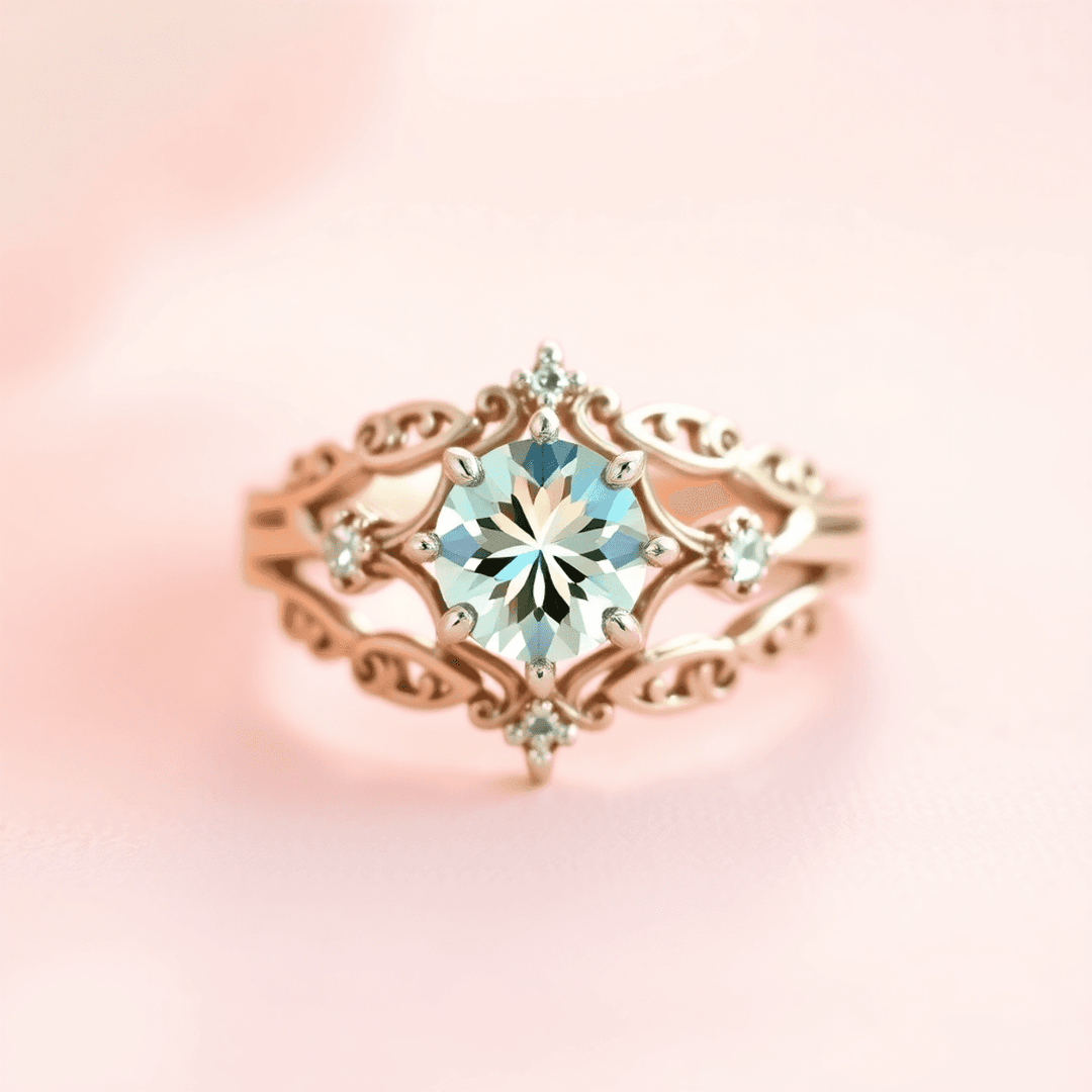 Close-up of an elegant Mother's Day ring with a sparkling birthstone, set against a soft pastel background, highlighting its intricate design and emotional sign