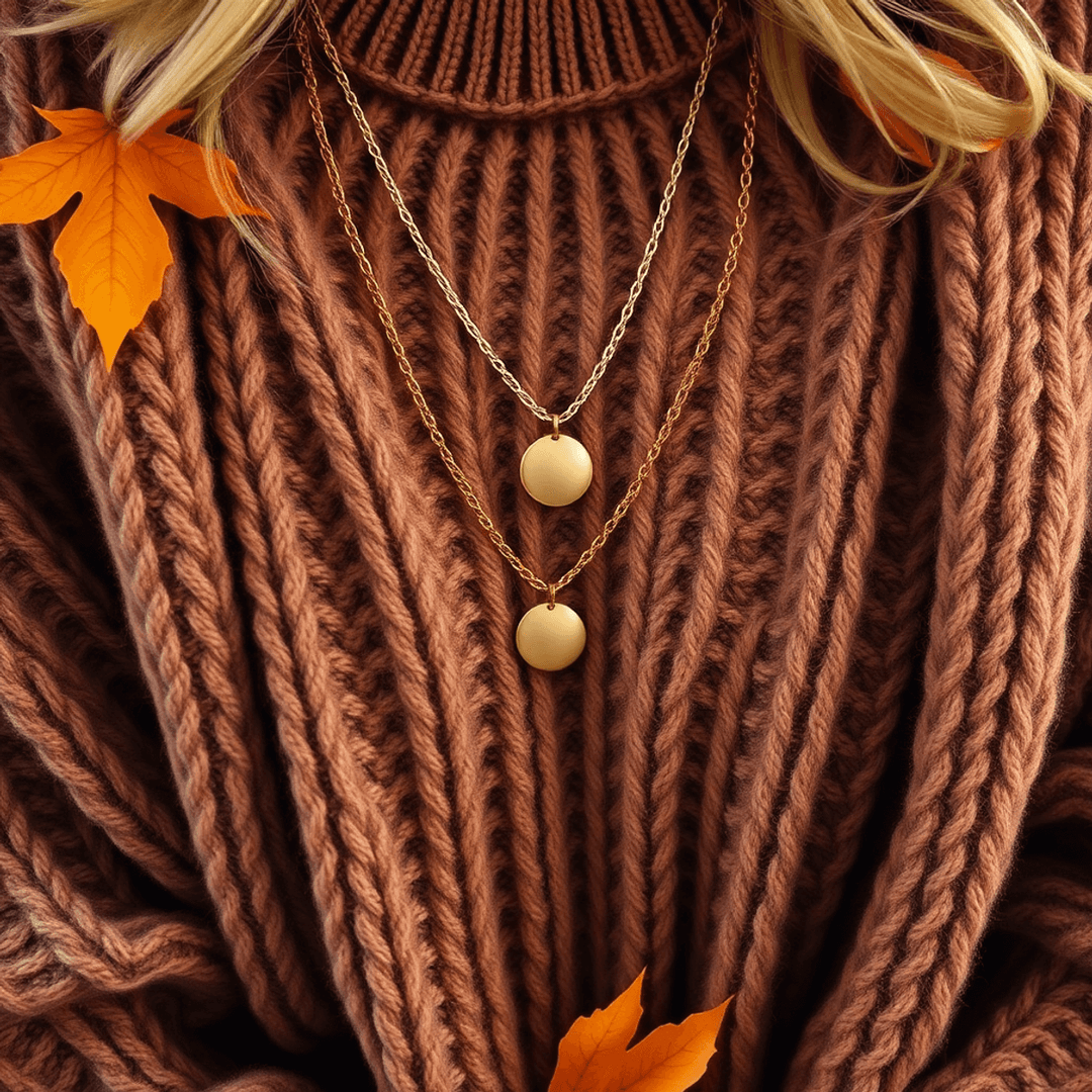 Layered gold and silver necklaces on a chunky knit sweater surrounded by soft fall leaves in warm, earthy tones.