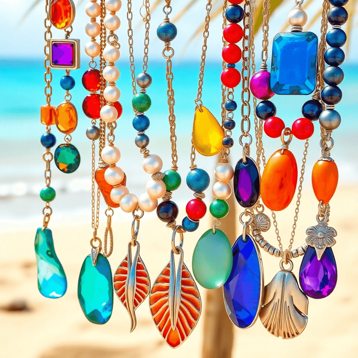 Bright summer jewelry display with colorful gemstones, organic pearls, mixed metal necklaces, fish and shell pendants against a sunny beach background.