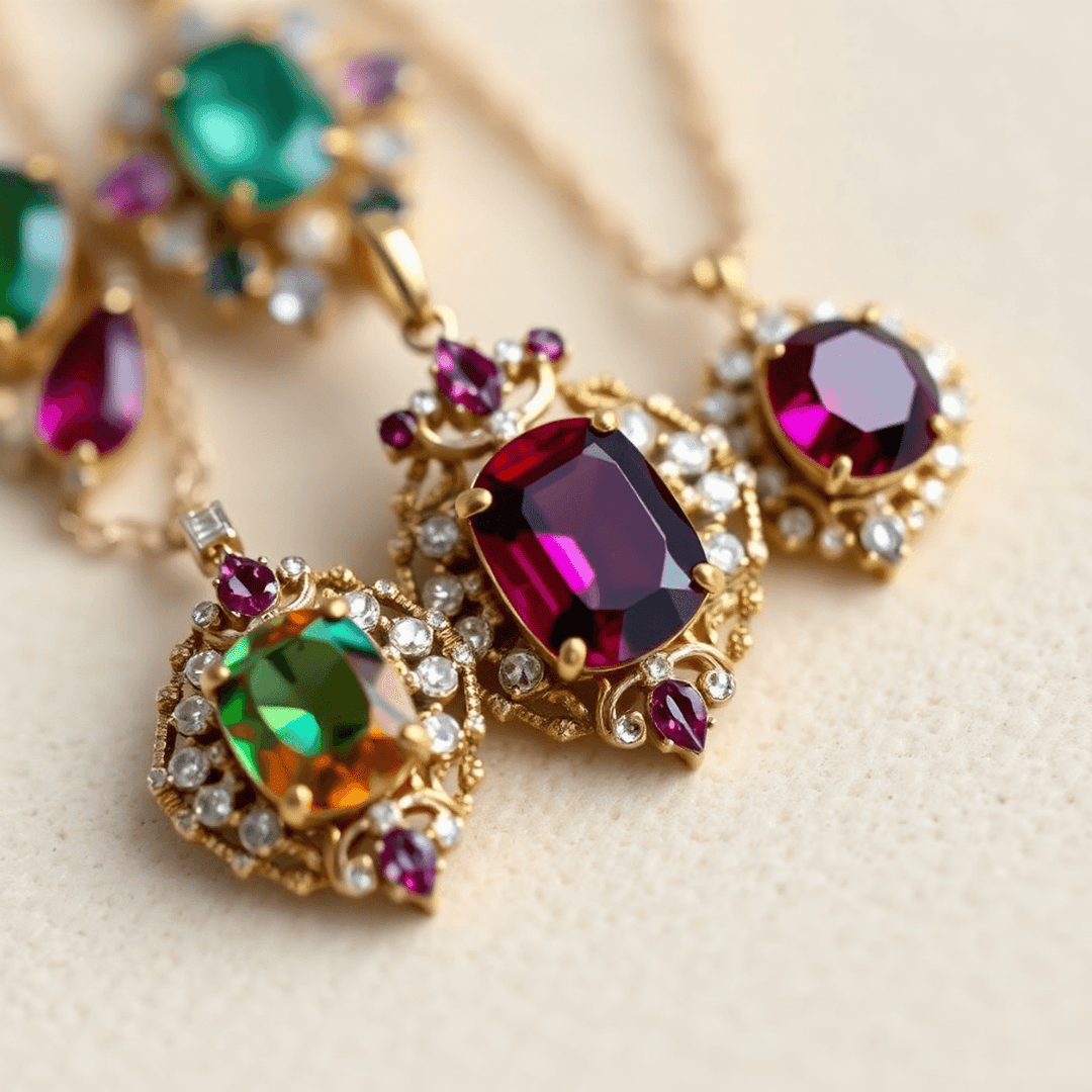 Close-up of elegant custom jewelry with vintage heirlooms, vibrant gemstones, and intricate modern settings on a soft neutral background.