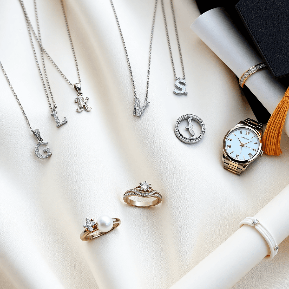 Close-up of elegant graduation jewelry including initial necklaces, diamond bracelets, engraved rings, pearl sets, and watches on soft fabric with a cap and dip