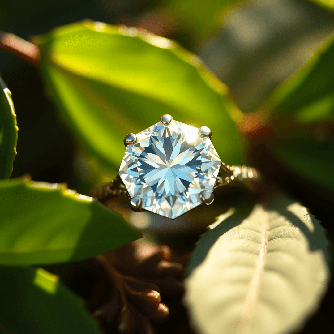 Close-up of a sparkling diamond ring nestled among green leaves with soft light, symbolizing sustainable luxury and holiday elegance.