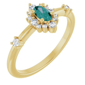14K Gold Lab-Grown Alexandrite And Natural Diamond Halo-Style Ring
