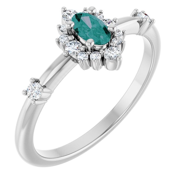 14K Gold Lab-Grown Alexandrite And Natural Diamond Halo-Style Ring