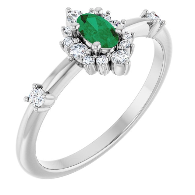 Lab-Grown Emerald And 1/6 Ctw Natural Diamond Halo-Style Ring