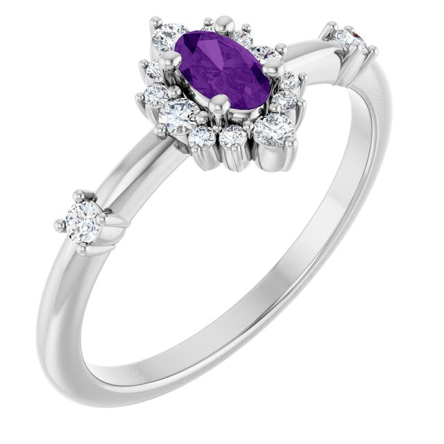 14K Gold Lab-Grown Alexandrite And Natural Diamond Halo-Style Ring