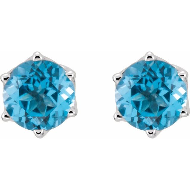 14K White Gold Round 6 mm Natural Swiss Blue Topaz Earrings