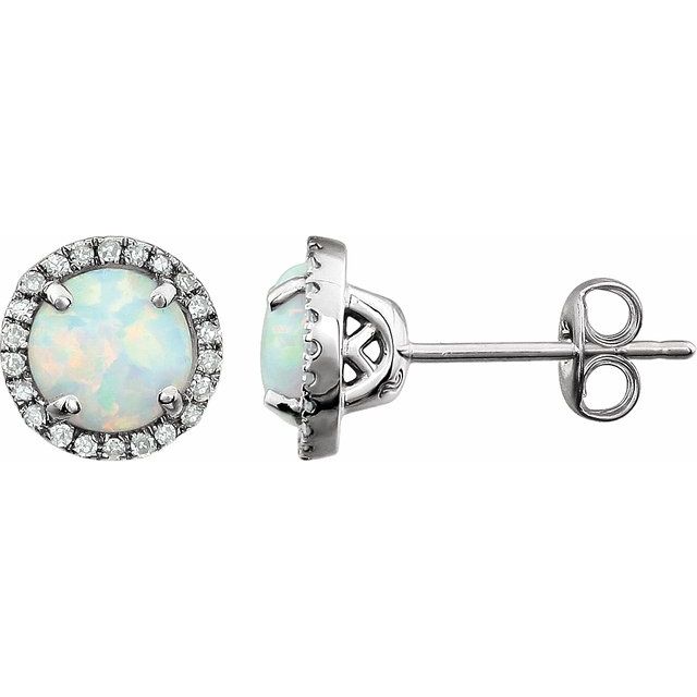 1/8 CTW Lab-Grown White Opal and Natural Diamond Earrings Set in 14K Gold