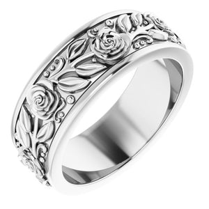 Floral Standard-Fit Flat Band | 14K Gold, 18K Gold, Silver & Platinum | 7 Mm
