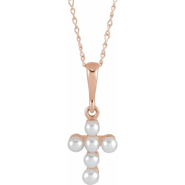 14K Rose Gold, 16" Youth Cross Necklace with Cultured White Seed Pearls