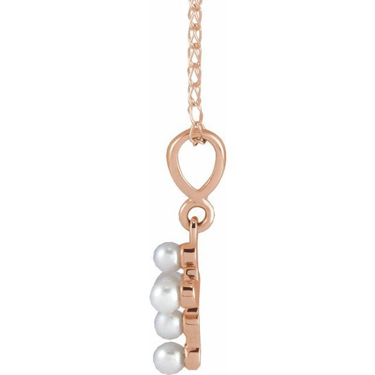 14K Rose Gold, 16" Youth Cross Necklace with Cultured White Seed Pearls