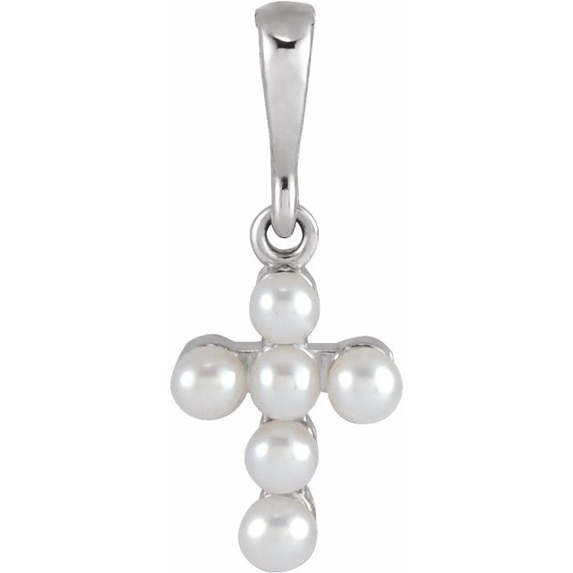 14K White Gold Cultured White Seed Pearl Youth Cross Pendant