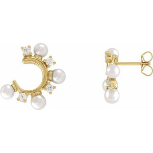 14K Gold Freshwater Pearl And Natural Diamond Hoop Earrings