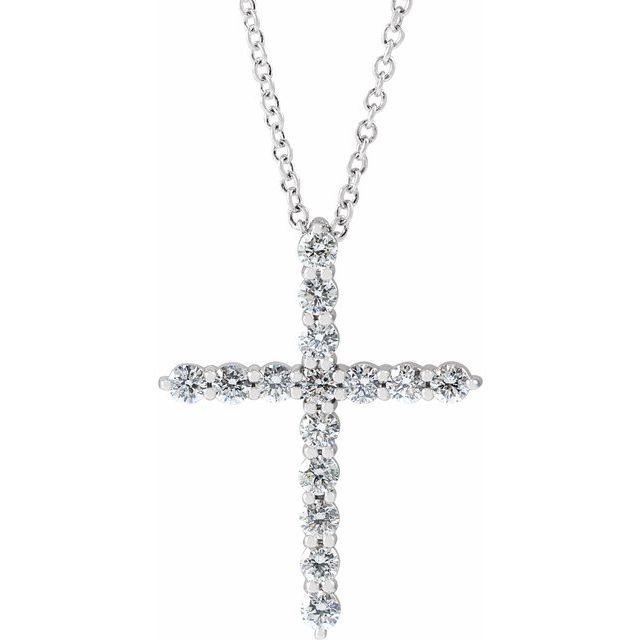 14K White Gold 16-18" Natural Diamond Cross Necklace - 1/6 CTW