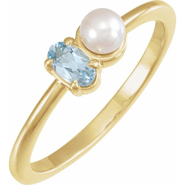 14K Gold Natural Aquamarine And Cultured White Akoya Pearl Ring