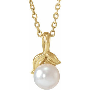 14K Gold Cultured White Akoya Pearl Floral Pendant