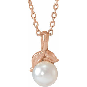 14K Gold Cultured White Akoya Pearl Floral Pendant