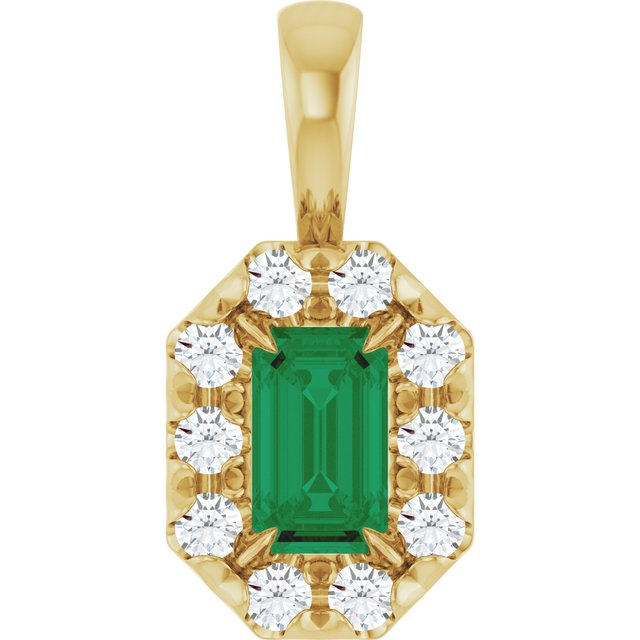 14K Gold Natural Emerald And Natural Diamond French-Set Halo-Style Pendant