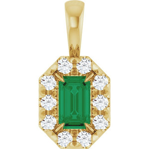 14K Gold Natural Emerald And Natural Diamond French-Set Halo-Style Pendant