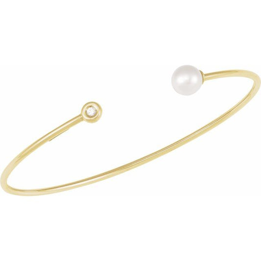 14K Gold Cultured Freshwater Pearl And Natural Diamond Cuff Bracelet