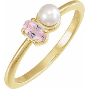 14K Gold Natural Aquamarine And Cultured White Akoya Pearl Ring