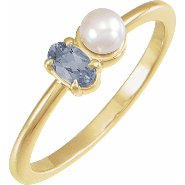 14K Gold Natural Aquamarine And Cultured White Akoya Pearl Ring