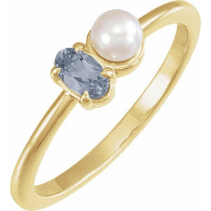 14K Gold Natural Aquamarine And Cultured White Akoya Pearl Ring