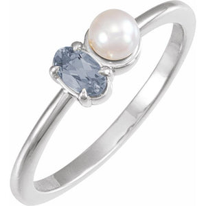 14K Gold Natural Aquamarine And Cultured White Akoya Pearl Ring