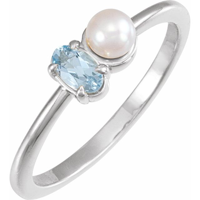 14K Gold Natural Aquamarine And Cultured White Akoya Pearl Ring