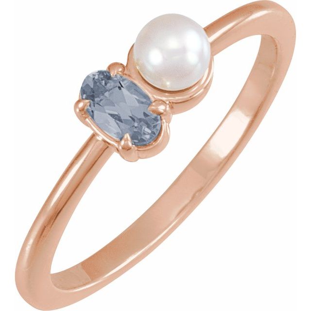 14K Gold Natural Aquamarine And Cultured White Akoya Pearl Ring