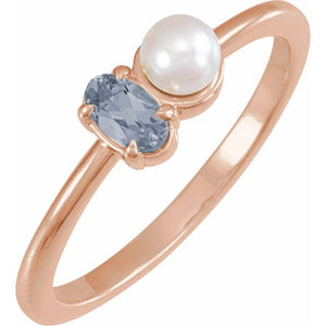 14K Gold Natural Aquamarine And Cultured White Akoya Pearl Ring