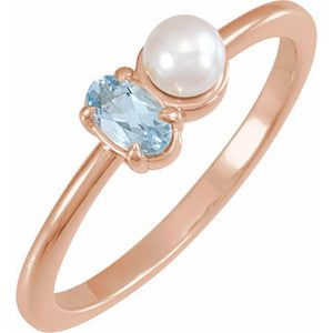 14K Gold Natural Aquamarine And Cultured White Akoya Pearl Ring