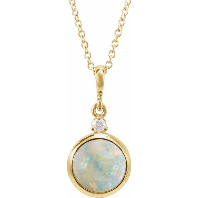 14K Gold Ethiopian Opal And Natural Diamond Bezel-Set Cabochon Pendant