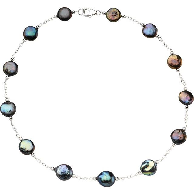 Sterling Silver 12-13  mm Cultured Black Freshwater Pearl Coin 18" Necklace