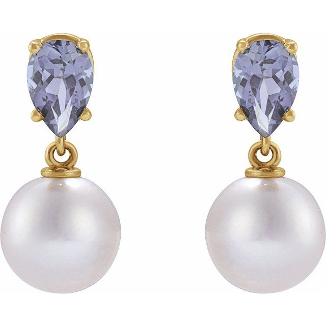 Elegant 14K Rose Gold Akoya Pearl & Tanzanite Drop Earrings