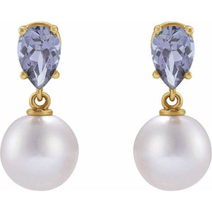 Elegant 14K Rose Gold Akoya Pearl & Tanzanite Drop Earrings