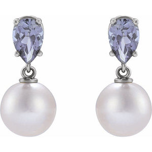 Elegant 14K Rose Gold Akoya Pearl & Tanzanite Drop Earrings