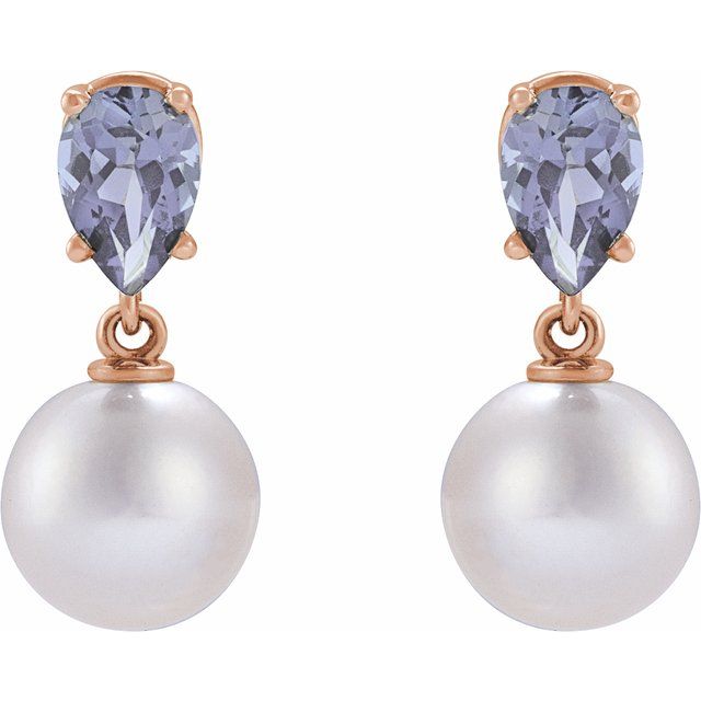 Elegant 14K Rose Gold Akoya Pearl & Tanzanite Drop Earrings