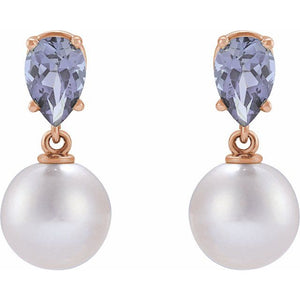 Elegant 14K Rose Gold Akoya Pearl & Tanzanite Drop Earrings